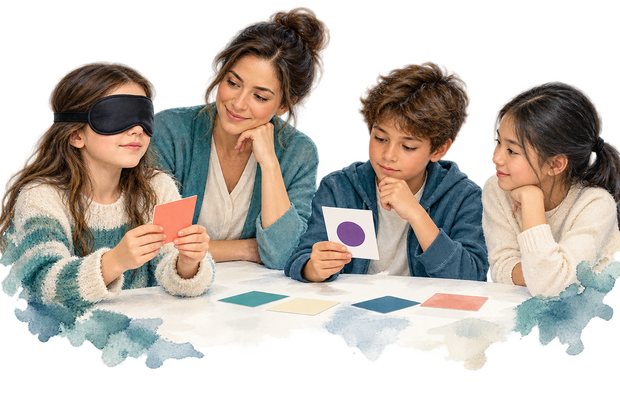 Cuatro niños y una educadora alrededor de una mesa; una niña con antifaz sostiene una tarjeta de color mientras los demás observan