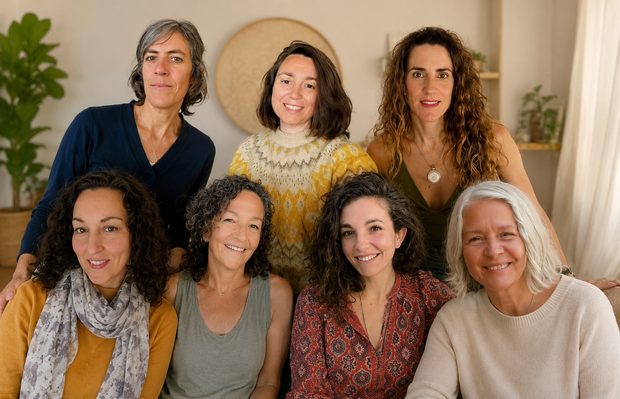 Fotografía de grupo de siete integrantes de Más Allá de la Visión en un interior luminoso